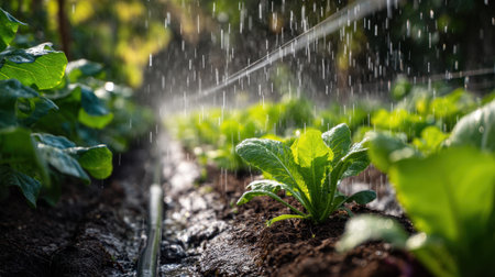Enjoy the beauty of a garden filled with fresh green lettuce being watered by irrigation, showcasing growth and the importance of nature in cultivating healthy food.の素材