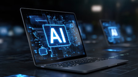 A sleek laptop showcasing the concept of artificial intelligence through vibrant circuit graphics, embodying the essence of modern technology and innovation.の素材