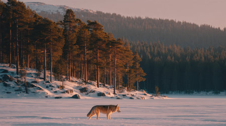 A solitary wolf traverses a snowy landscape, surrounded by tall pine trees. The warm light at dusk creates a serene atmosphere, showcasing the beauty of wildlife in winter.の素材