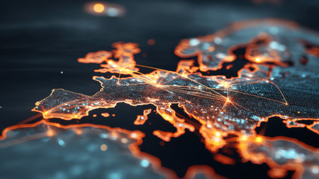 A captivating illustration of a futuristic map of Europe, depicting network connections with bright lines showcasing major cities and technological infrastructure.の素材