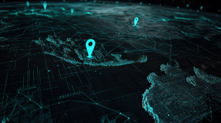This image depicts a futuristic digital map with vibrant pinpoints marking various locations, emphasizing technology, data connectivity, and global navigation.の素材