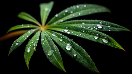 A stunning close-up of a green leaf adorned with glistening raindrops, captured against a dark background to highlight its intricate details and vibrant beauty.の素材