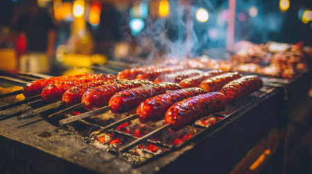 A delectable array of grilled sausages on skewers emits enticing smoke, showcasing a lively night market atmosphere filled with delicious aromas and vibrant colors.の素材