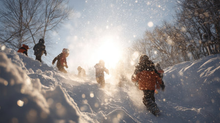 Children engage in playful activities in a snow-covered landscape, highlighting the joy and excitement of winter adventures under a bright sun and falling snowflakes.の素材