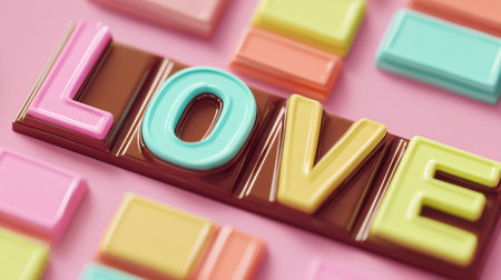 Delight in this colorful chocolate artwork featuring the word "Love," perfect for romantic occasions or celebrations. Bright colors on a pink background enchant viewers.の素材