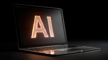 A sleek laptop displays the glowing letters "AI," symbolizing the fusion of technology and creativity in a modern, dark environment, emphasizing innovation and digital progress.の素材