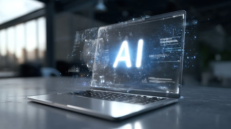 A sleek laptop showcases glowing AI technology in a contemporary office space. The scene emphasizes digital innovation and creativity for modern business environments.の素材