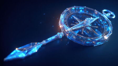Stunning transparent crystal compass with intricate details and shimmering light effects, symbolizing exploration and adventure against a dark background.の素材