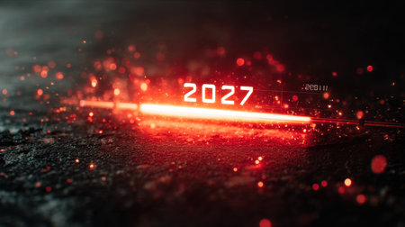 This image features a striking countdown graphic for the year 2027, illuminated by a vibrant red glow, creating an energetic and futuristic atmosphere perfect for digital projects.の素材