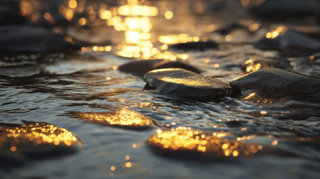 This image captures a serene water surface reflecting warm golden light over smooth river rocks. The tranquil scene evokes peace and natural beauty during the evening.の素材