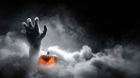 This haunting Halloween image features a ghostly hand emerging from a swirling fog alongside a sinister glowing pumpkin, perfect for capturing the spirit of the season.の素材