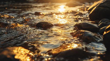 A serene river scene captures the shimmering reflections of sunset over gentle water flow, with smooth pebbles visible beneath the warm glow of the evening sun.の素材
