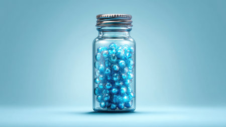 A shiny glass jar contains vibrant blue decorative balls against a soft blue background, ideal for showcasing style and creativity in craft and design projects.の素材