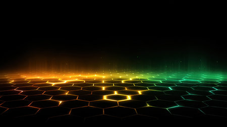 An abstract image showcasing a hexagonal pattern illuminated with glowing edges, transitioning from vibrant orange to green against a dark background, perfect for modern themes.の素材