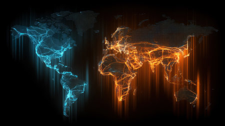 This vibrant world map features neon blue and orange connections, illustrating global networks and technology in a visually striking abstract design.の素材