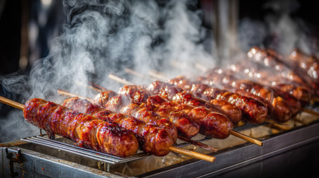 Experience the mouthwatering appeal of grilled meat skewers, expertly crafted with rich flavors and smoky aroma. Ideal for food enthusiasts and festival scenes.の素材