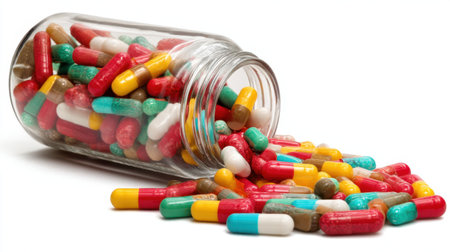 A vibrant collection of various capsules and pills spilled from a glass jar against a clean white background, symbolizing the pharmaceutical industry and health.の素材