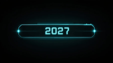 A captivating digital display presenting the year 2027 with vibrant neon glows against a dark background. Perfect for projects related to technology and the future.の素材