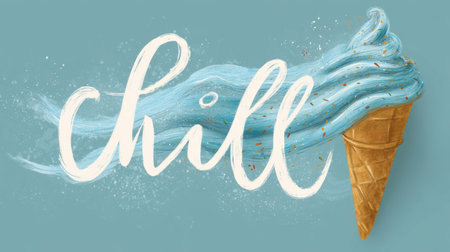This whimsical illustration features a delicious ice cream cone with a flowing blue swirl and the word "Chill" in stylish lettering, perfect for summer themes.の素材