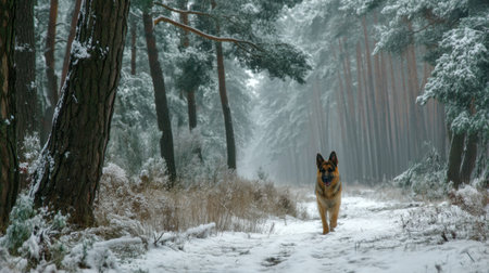 A majestic German Shepherd walks along a snow-covered path in a tranquil forest, surrounded by tall trees and a misty atmosphere, perfect for nature enthusiasts.の素材