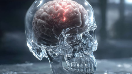 This striking image features a transparent human skull with a glowing brain, symbolizing the intricate relationship between physical structure and cognitive function.の素材