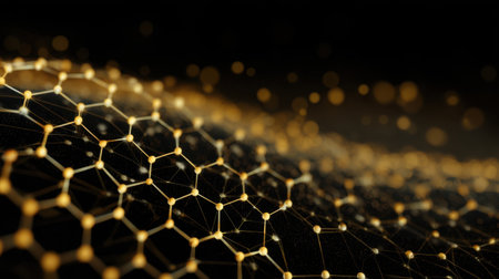 This abstract 3D illustration showcases interconnected hexagonal structures with golden nodes against a captivating sparkling background, perfect for technology and scientific themes.の素材
