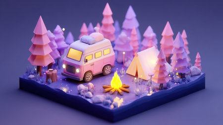 This enchanting camping scene features a retro van, charming tent, and a glowing campfire surrounded by vibrant pink trees, creating a whimsical and dream-like atmosphere.の素材