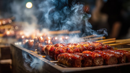 An enticing scene of grilled sausages on skewers enveloped in smoke at an outdoor market, capturing the essence of street food culture and culinary excitement.の素材