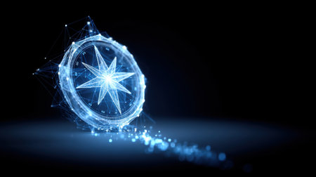 A stunning geometric compass design illuminated in blue, featuring sparkling particles on a dark background. This futuristic image symbolizes navigation and exploration.の素材