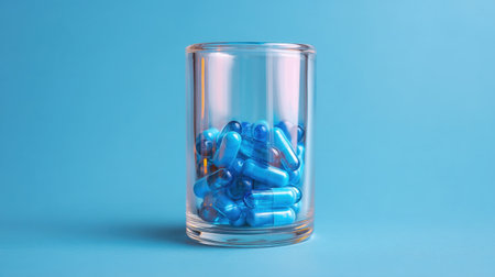 A transparent glass jar filled with vibrant blue capsules against a solid blue background, ideal for representations of health, wellness, and pharmaceutical themes.の素材