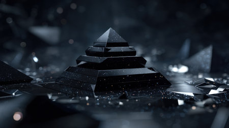 An abstract representation of a black pyramid surrounded by floating geometric shapes and glowing particles. This image creates a dramatic, futuristic atmosphere.の素材