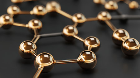 A captivating close-up view showcasing a three-dimensional molecular structure, featuring metallic spheres and connecting bonds on a sleek dark background, ideal for scientific themes.の素材