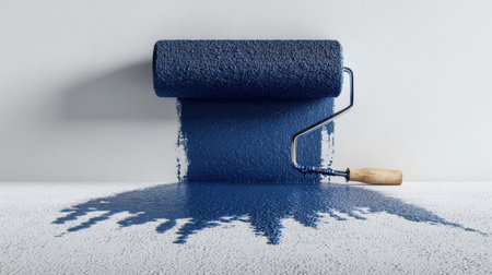 A blue paint roller rests against a freshly coated wall, with paint dripping onto the white surface below, highlighting texture and color contrasts in renovation.の素材