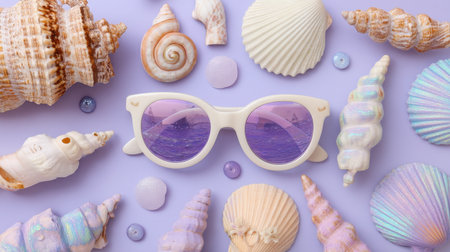 A whimsical arrangement featuring stylish sunglasses surrounded by an array of beautiful seashells and beads on a pastel purple surface, perfect for summer inspiration.の素材