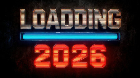 A vibrant loading screen design featuring neon text and a progress bar. The countdown for the year 2026 stands out against a dark, stylish background. Perfect for tech projects.の素材