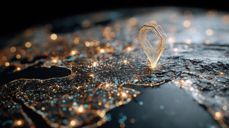 A visually captivating image showcasing a glowing map pin over a richly illuminated urban area, representing connectivity, modernity, and exploration of geographical landscapes.の素材