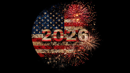 A vibrant image showcasing the American flag and colorful fireworks celebrating Independence Day 2026, representing joy, patriotism, and festive spirit.の素材