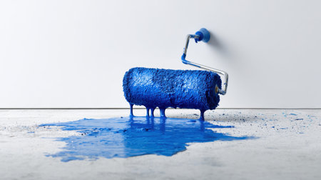 A vibrant image featuring a paint roller covered in blue paint placed on the floor, with paint drips creating a colorful mess, highlighting renovation and DIY themes.の素材
