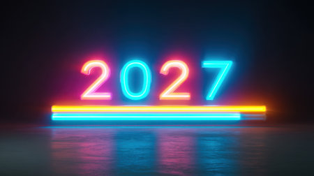Neon sign depicting the year 2027, featuring vibrant colors against a dark backdrop. Ideal for celebrations, futuristic themes, or digital designs, evoking excitement.の素材