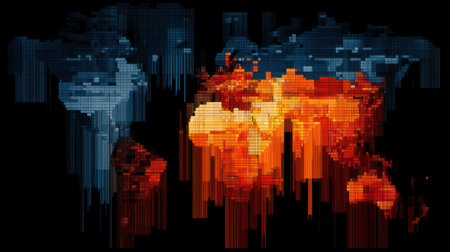 This abstract digital world map features vibrant colors and vertical lines on a black background, symbolizing global connectivity and technology in a modern artistic style.の素材