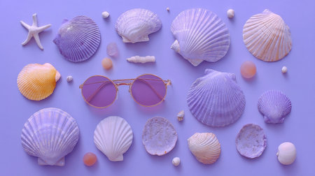 Discover a lively composition featuring seashells and stylish sunglasses on a vibrant purple background, perfect for capturing the essence of summer beach vibes and creativity.の素材