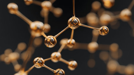 This image showcases a close-up of a golden molecular structure, highlighting scientific research and chemical connections against a black background, ideal for educational use.の素材