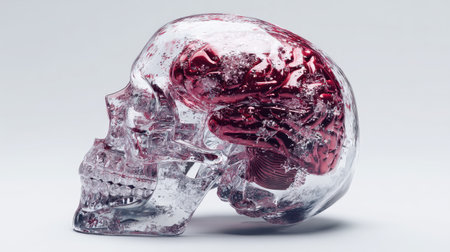 A striking glass skull art piece featuring a deep red brain design represents the fusion of creativity and science in a unique, eye-catching display.の素材