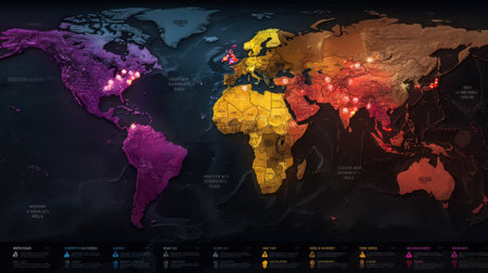 This image presents a detailed global heat map that illustrates temperature changes and climate patterns across various regions and continents using vibrant colors.の素材