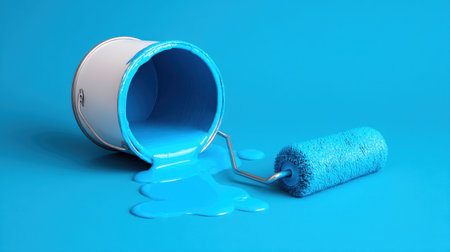 A dynamic composition featuring a bright blue paint spill from a white bucket next to a roller, ideal for showcasing creativity, home projects, and design inspiration.の素材