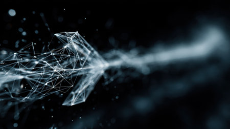 This image captures a futuristic arrow composed of digital geometric shapes and particles, representing innovation and progress in technology against a dark backdrop.の素材