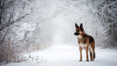 A stunning German Shepherd stands gracefully in a tranquil snowy landscape, surrounded by frosty trees, capturing the essence of winter's beauty and solitude.の素材