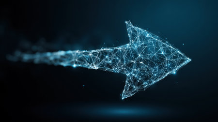 A striking digital arrow crafted from interconnected points and lines encapsulating themes of innovation and technology in a futuristic blue environment.の素材
