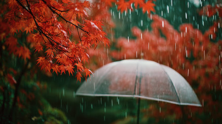 A serene scene featuring vibrant red maple leaves amidst heavy rain, with a clear umbrella offering shelter. Perfect for conveying tranquility in nature.の素材
