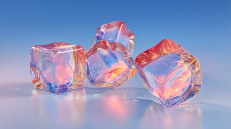 A stunning arrangement of colorful ice cubes with vibrant reflections, set against a smooth blue background, ideal for summer-themed designs and refreshing drink visuals.の素材